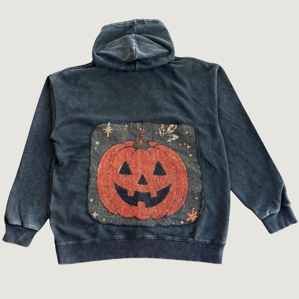 Unisex Handmade Halloween Woven Tapestry Hoodie Acid Wash Black Bat Pumpkin